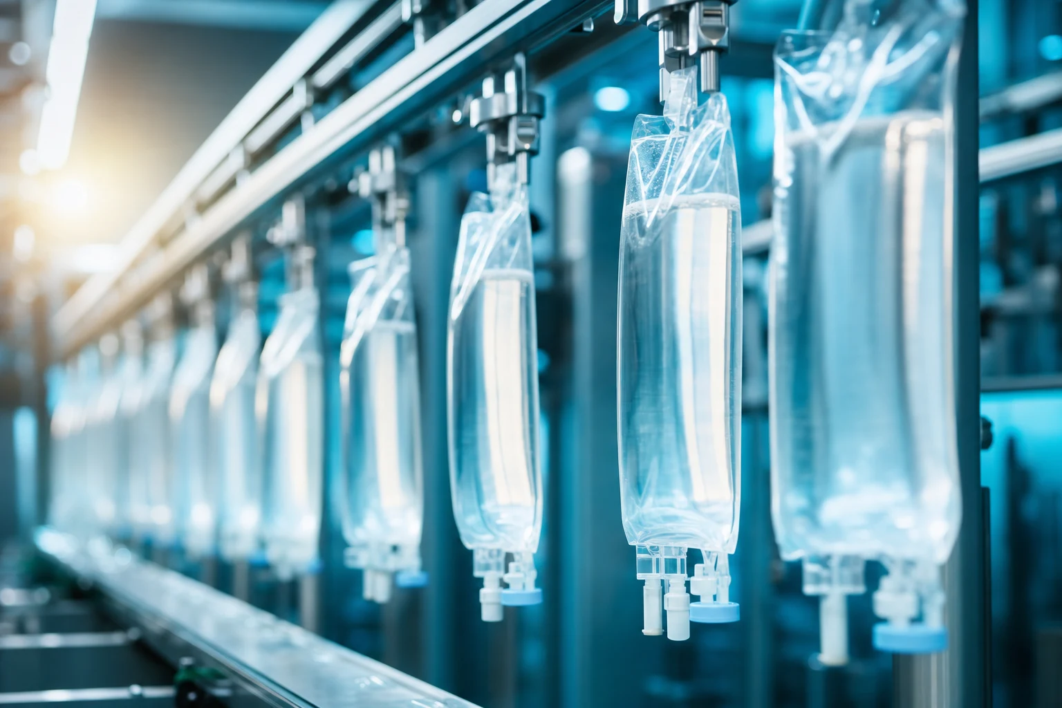 Sacche per infusione sterili sulla linea di riempimento
