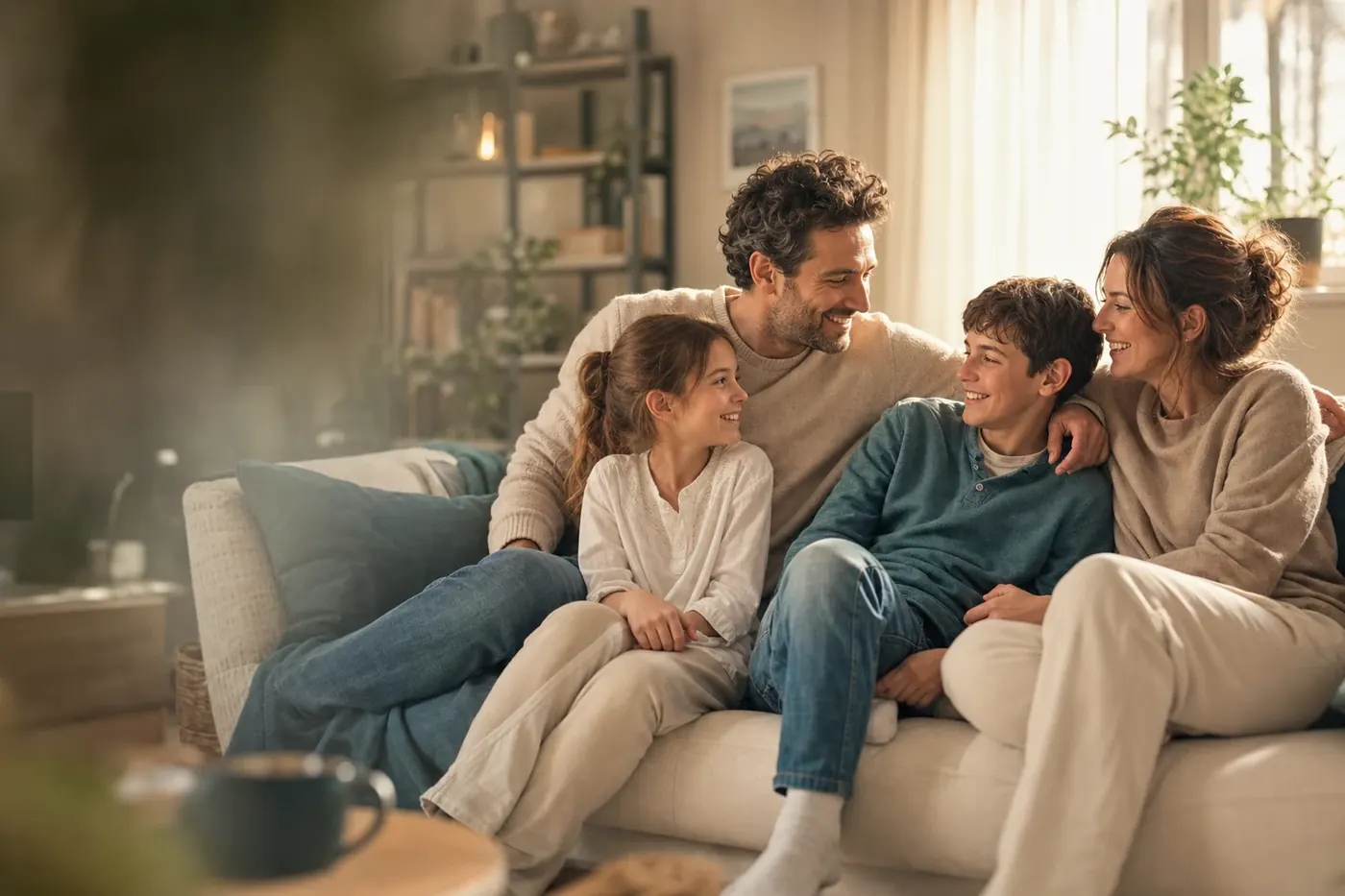 Una famiglia sul divano di casa
