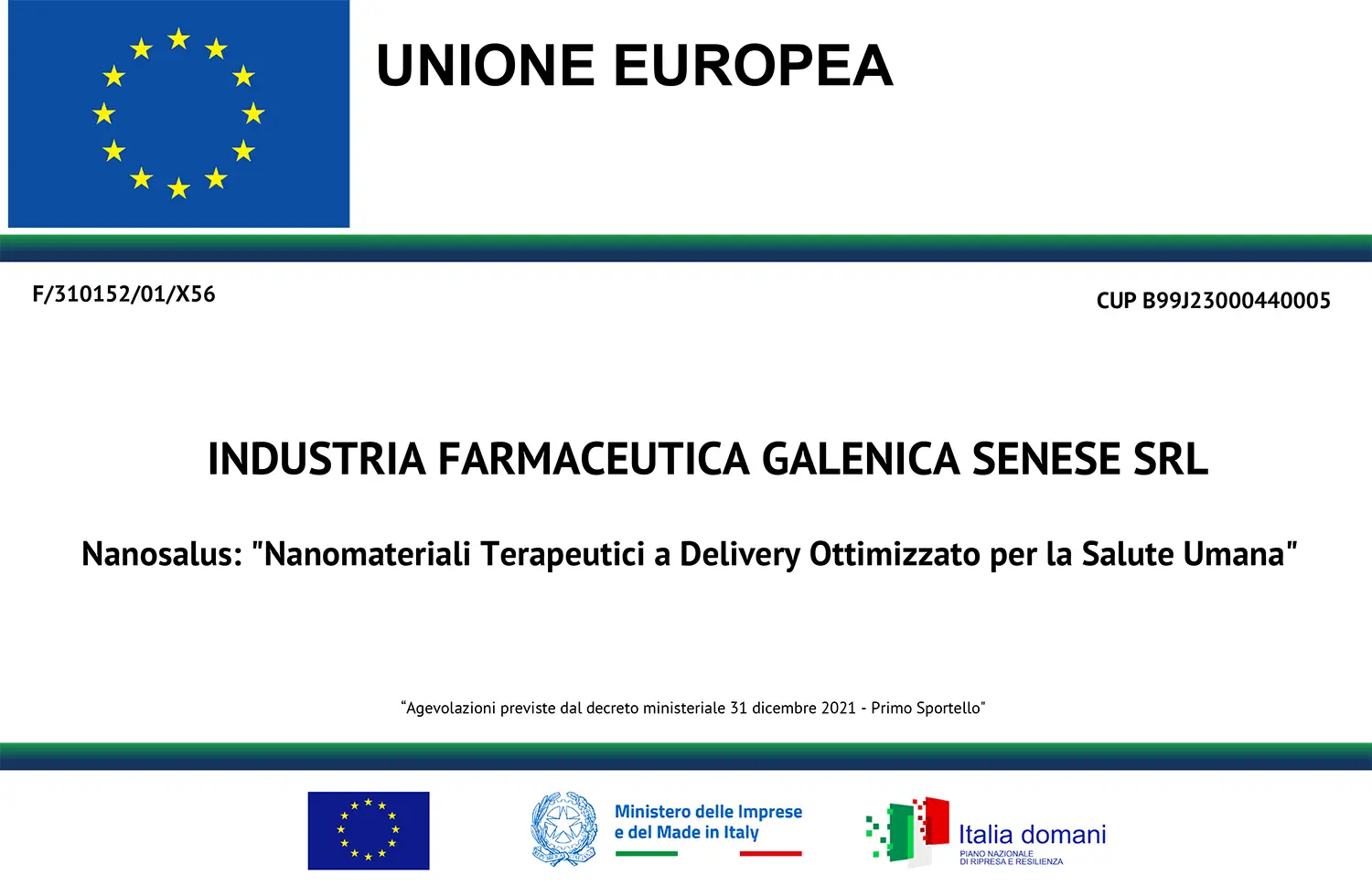 Targa del progetto Nanosalus — Unione Europea, Ministero delle Imprese e del Made in Italy, Italia Domani. CUP B99J23000440005
